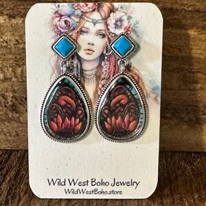 Vintage Droplet Shape Sunflower Print Dangle Earrings, Boho Western Style, Gift